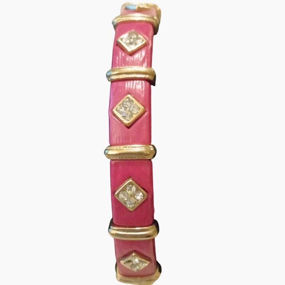 Vintage Pink Enamel Gold Tone Bracelet Rhinestone Accents